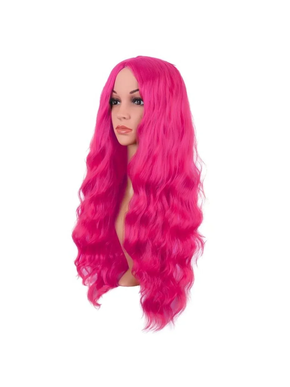 Women's Hot Pink 28 Inch Synthetic Fiber Long Middle Part Curly Cosplay Wigs